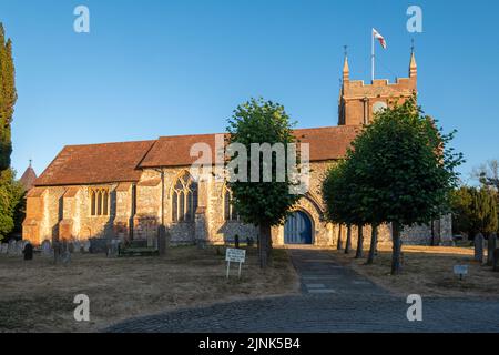 All Saints Church in Odiham Village, Hampshire, England, UK, einem denkmalgeschützten Gebäude der Klasse I, an einem sonnigen Sommerabend Stockfoto