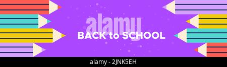 Willkommen zurück zur Schule horizontales Banner. Bunte Holzstifte auf türkisfarbenem Hintergrund. Konzept der Bildung. Vektorgrafik, flaches Design Stock Vektor