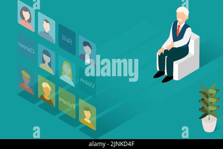 Geschäftsleute, die Bewerber durch ein Web-Interview auswählen: Isometrisch Stock Vektor