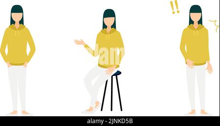 Pose Set der Person Legen Sie Ihre Hand in die Tasche, setzen Sie sich auf einen Stuhl, lassen Sie sich überraschen Stock Vektor