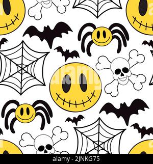 Groovige halloween nahtlose Muster 70s Stil. Psychedelischer Hippie endlose Textur Hintergrund. vektor-Illustration Stock Vektor