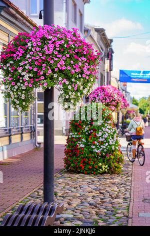 Mehrere Blumen schmücken die Straßen der Stadt mit einer Frau auf dem Fahrrad. Stockfoto