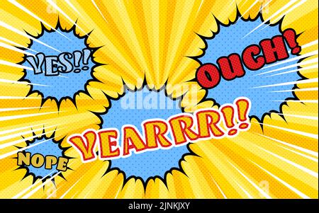 Illustrationsmaterial: Amerikanischer Comic-Stil, Pop-Ballons und Hintergrund aus Punkten und konzentrierten Linien Stock Vektor