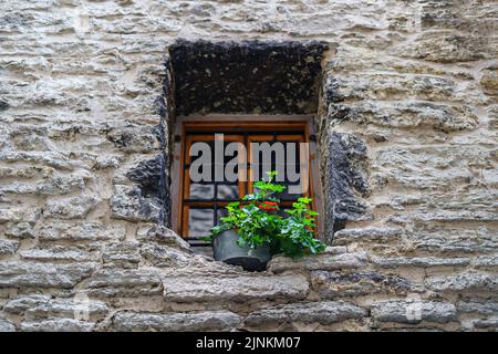 Kleines Fenster im alten Steingebäude mit Topf mit Pflanzen. Stockfoto