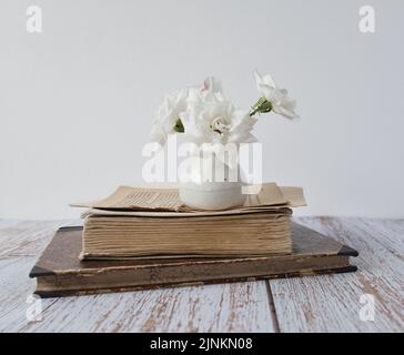 Buch, Blumenvase, Stillleben, Bücher, Vasen, Stillleben Stockfoto