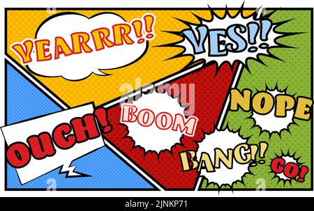 Illustrationsmaterial: Amerikanischer Comic-Stil, Pop-Ballons und Hintergrund von geteilte Punkte Stock Vektor