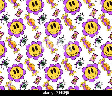 Groovige halloween nahtlose Muster 70s Stil. Psychedelischer Hippie endlose Textur Hintergrund. vektor-Illustration Stock Vektor