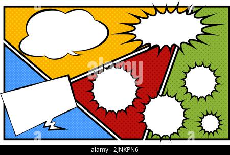 Illustrationsmaterial: Amerikanischer Comic-Stil, Pop-Ballons und Hintergrund von geteilte Punkte Stock Vektor