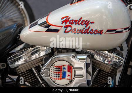 Nahaufnahme eines Harley Davidson Motorrads. Stockfoto