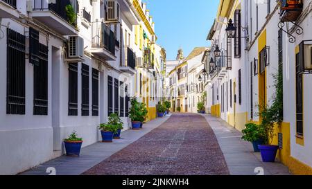 Schmale Gasse mit typisch andalusischen weißen Häusern, Córdoba Spanien. Stockfoto