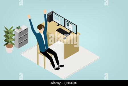 Isometrische Telearbeit, bei der sich die Mitarbeiter zu Hause strecken Stock Vektor