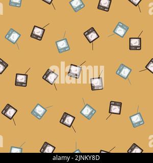 Retro-Fernseher mit gravierten, nahtlosen Antennenmustern. Vintage-Fernseher im handgezeichneten Stil. Skizzenstruktur für Stoff, Tapete, Textil, Druck, Titel, Stock Vektor