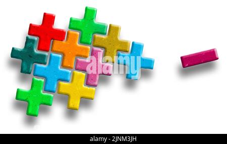 Die Pluspunkte wiegen die Minuspunkte in dieser 3-d-Abillustration mit Kopierraum und Textbereich aus. Stockfoto