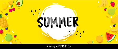 Bright Sommer Banner mit Früchten. Vorlage Banner Design. Sommerzeit. Schriftzug Summer auf weißer Blase. Gelber Hintergrund mit leerem Platz für te Stock Vektor