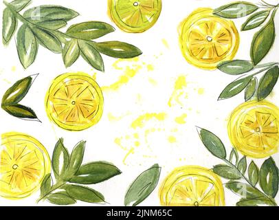 Gelber Hintergrund mit Zitronen und Zitronenblättern Stockfoto