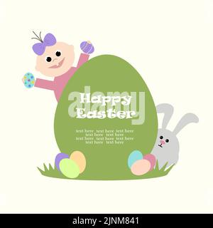 Kind mit Ostereiern und Hase. Osterferien. Vektorgrafik. Grußkarte. Stock Vektor