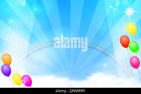 Radiale Hintergrunddarstellung mit Regenbogen und Luftballons am blauen Himmel Stock Vektor