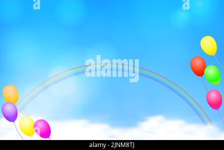 Hintergrunddarstellung von Regenbogen und Luftballons am blauen Himmel Stock Vektor