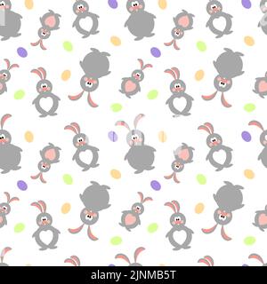 Nahtlose Illustration mit niedlichen Kaninchen und farbigen Eiern auf weißem Hintergrund. Osterferien. Vektor. Stock Vektor