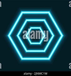 Drei Sechsecke, türkis und mit Neon-Leuchteffekt, auf schwarzem Hintergrund. Horizontale Polygone mit je sechs Seiten. Stockfoto