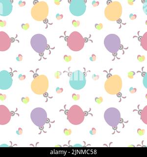 Nahtlose Illustration mit farbigen Ostereiern und süßen Kaninchen. Stock Vektor