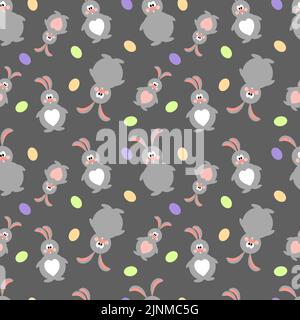 Nahtlose Illustration mit niedlichen Kaninchen und farbigen Eiern auf grauem Hintergrund. Stock Vektor