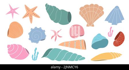 Set aus hellen, abwechslungsreichen Muscheln auf einem isolierten Hintergrund. Illustration des flachen Vektors. Stock Vektor