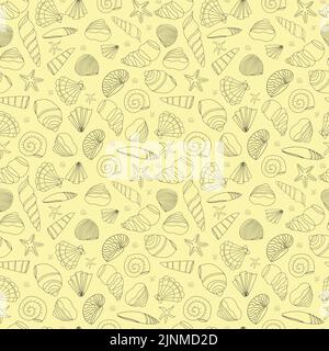 Nahtloses Muster von Muscheln in einer Kontur auf gelbem Hintergrund. Stock Vektor