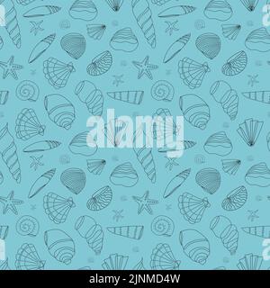 Nahtloses Muster von Muscheln in einer Kontur auf blauem Hintergrund. Doodle Illustration. Stock Vektor