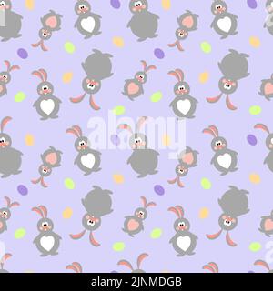Nahtlose Illustration mit süßen Kaninchen und farbigen Eiern auf einem lila Hintergrund. Stock Vektor