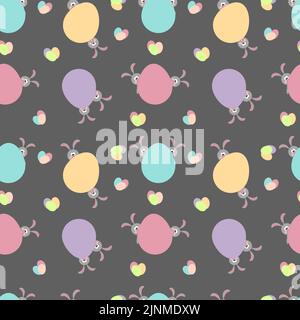 Nahtlose Illustration mit farbigen Ostereiern und niedlichen Kaninchen auf grauem Hintergrund. Ostern. Vektor. Hintergrund. Stock Vektor