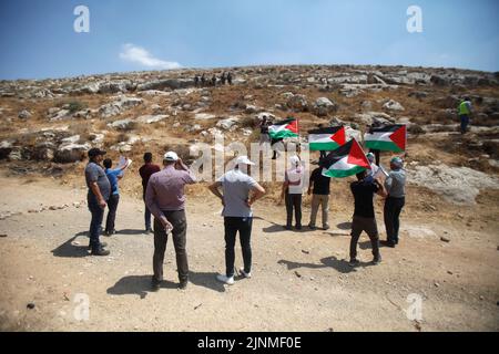 Nablus, Westjordanland, Palästina. 2. August 2022. Palästinensische Demonstranten schwenken während der Demonstration gegen israelische Siedlungen im Dorf Beit Dajan in der Nähe der Stadt Nablus im Westjordanland Flaggen. (Bild: © Nasser Ishtayeh/SOPA Images via ZUMA Press Wire) Stockfoto