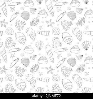 Nahtloses Muschelmuster in einer Kontur auf weißem Hintergrund. Doodle Illustration. Vektorhintergrund. Stock Vektor