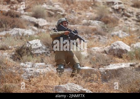 Nablus, Westjordanland, Palästina. 2. August 2022. Ein israelischer Soldat feuert während der Demonstration gegen israelische Siedlungen im Dorf Beit Dajan in der Nähe der Stadt Nablus im Westjordanland Tränengaskanister auf die palästinensischen Demonstranten. (Bild: © Nasser Ishtayeh/SOPA Images via ZUMA Press Wire) Stockfoto