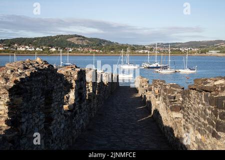 Die mittelalterliche, von Mauern umgebene Stadt Conwy, Nordwales, von der Stirnwand am nördlichen Ende des Kaimauens aus gesehen, mit Blick auf den Fluss Conwy. Stockfoto