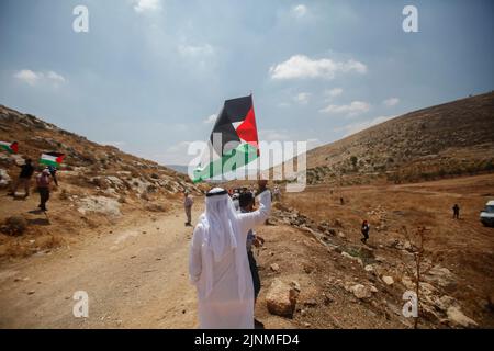 Nablus, Westjordanland, Palästina. 2. August 2022. Ein palästinensischer Protestler schwenkt während der Demonstration gegen israelische Siedlungen im Dorf Beit Dajan in der Nähe der Stadt Nablus im Westjordanland die Flagge. (Bild: © Nasser Ishtayeh/SOPA Images via ZUMA Press Wire) Stockfoto