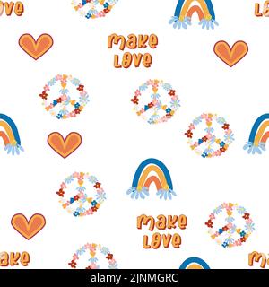 Love Heart, Peace Symbol, rainbow retro 70s nahtloses Muster. Verstreute Herzformen auf wirbelndem Hintergrund. Grooviges Design im Stil der Sieben Stock Vektor