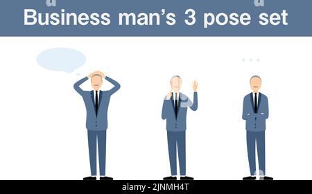 Senior Businessman in einem Anzug, 3 Pose Set Stock Vektor