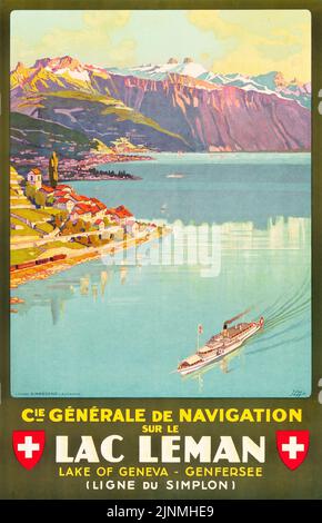 Genfer See, Schweiz Reiseplakat (C.G.N.,1927). „Cie Générale de Navigation sur le Lac Léman“. Schweiz, Schweiz, Schweiz. Stockfoto