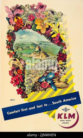 Südamerika - Rio de Janeiro (KLM Royal Dutch Airlines, c. L 1950, S. Niederländisches Reisesoster inkl. Zuckerhut und Cobacabana. Stockfoto