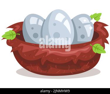 Nest von Ästen mit drei Vogeleiern. Haus für Vögel. Flache Vektorgrafik. Stock Vektor