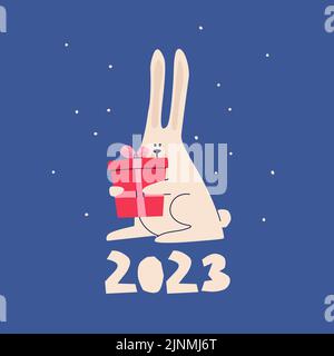 Entwerfen Sie eine Grußkarte für das neue Jahr. Das Kaninchen ist das Symbol des chinesischen Jahres 2023. Niedliche Vektor Hand Zeichnung Illustration und Schriftzug 2023. Stock Vektor