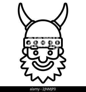 Schwarze lineare Ikone norwegischer bärtiger Krieger. wikinger in einem gehörnten Helm. Flache Vektor-Illustration. Stock Vektor