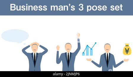 Senior Businessman in einem Anzug, 3 Pose Set Stock Vektor