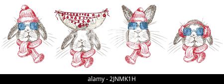 Handgezeichnetes Kaninchen im roten Winterschal, Ohrenschützer, Sonnenbrille. Bunny Symbol Chinesisches Neujahr 2023. Weihnachtsdekort. Tattoo Kunst. Schwarz-weiße Skizze Stock Vektor