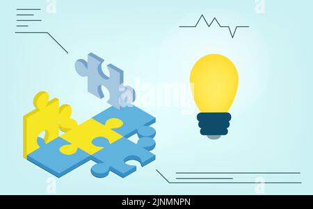 Puzzle-Rätsel und Glühbirnen, Problemlösungsbilder, isometrisch Stock Vektor