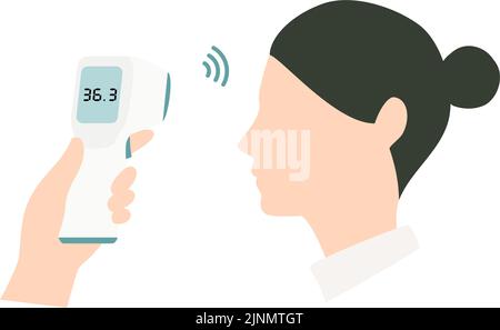 Eine Frau, die die Körpertemperatur mit einem berührungslosen Thermometer misst Stock Vektor