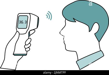 Bild eines Mannes, der die Körpertemperatur mit einem berührungslosen Thermometer misst Stock Vektor