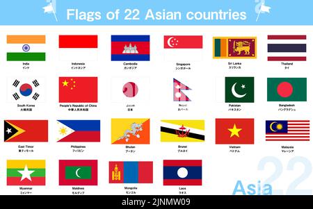 Flaggen-Set aus 22 asiatischen Ländern Stock Vektor
