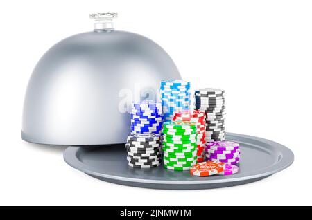 Restaurant Cloche mit Casino-Token, 3D Rendering isoliert auf weißem Hintergrund Stockfoto